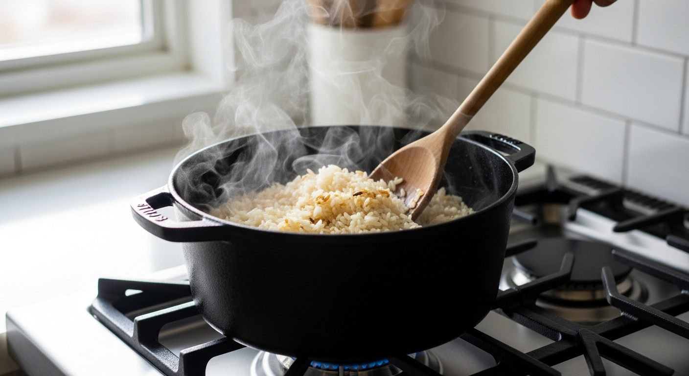 Sofriendo el arroz en la olla