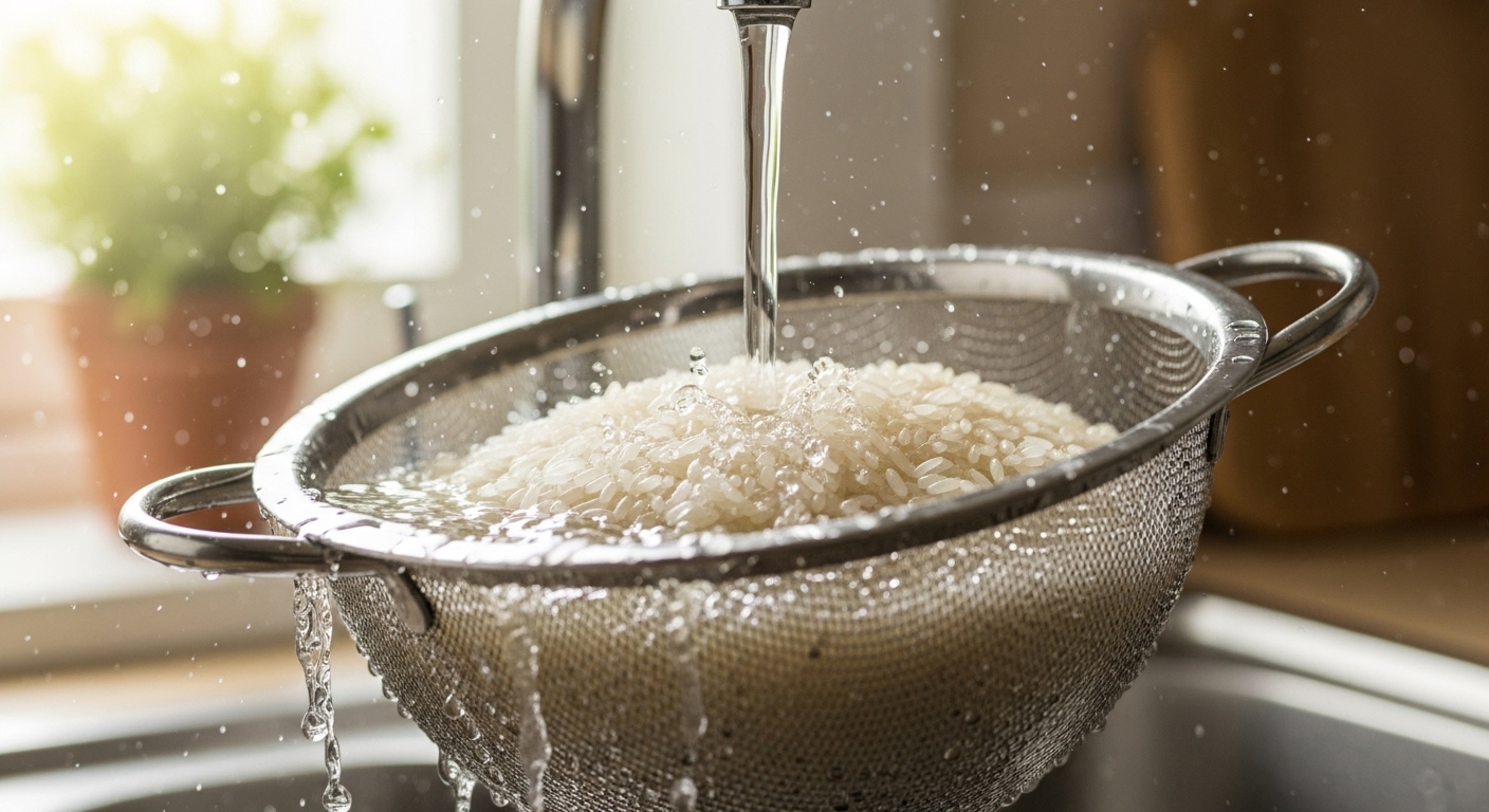Lavando el arroz bajo el chorro de agua