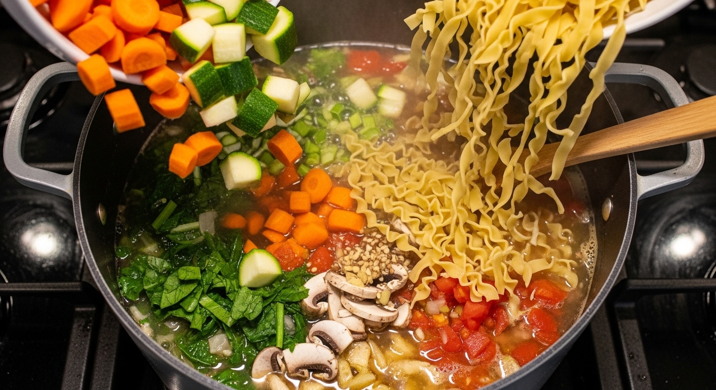 Añadiendo más verduras y fideos