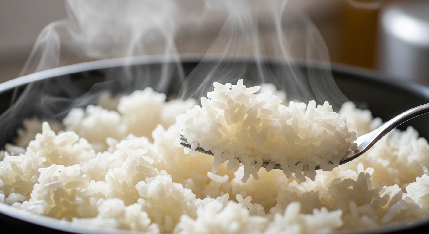 Olla con arroz blanco perfectamente cocido y esponjoso