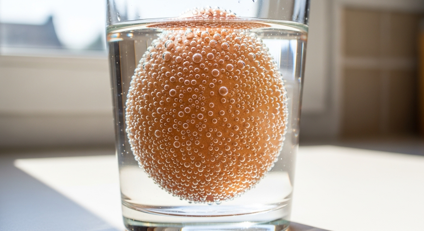 Vaso con agua y un huevo fresco en el fondo
