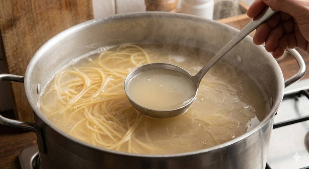 Pasta con salsa cremosa y agua de cocción