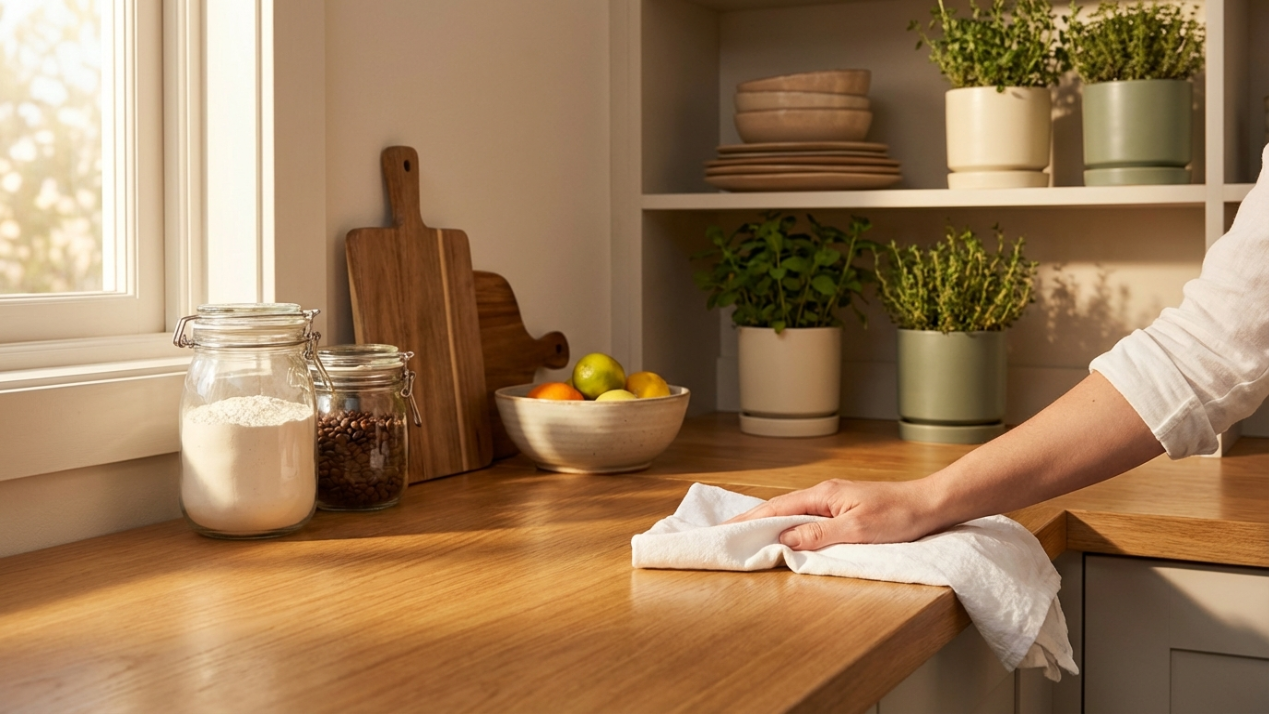 Cocina ordenada siendo limpiada con trapo blanco
