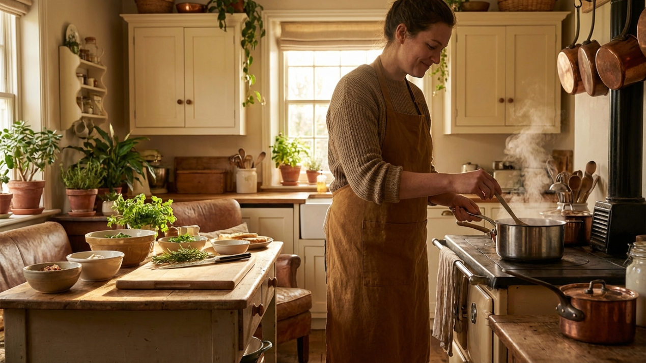 Persona feliz cocinando relajada en cocina cálida y organizada