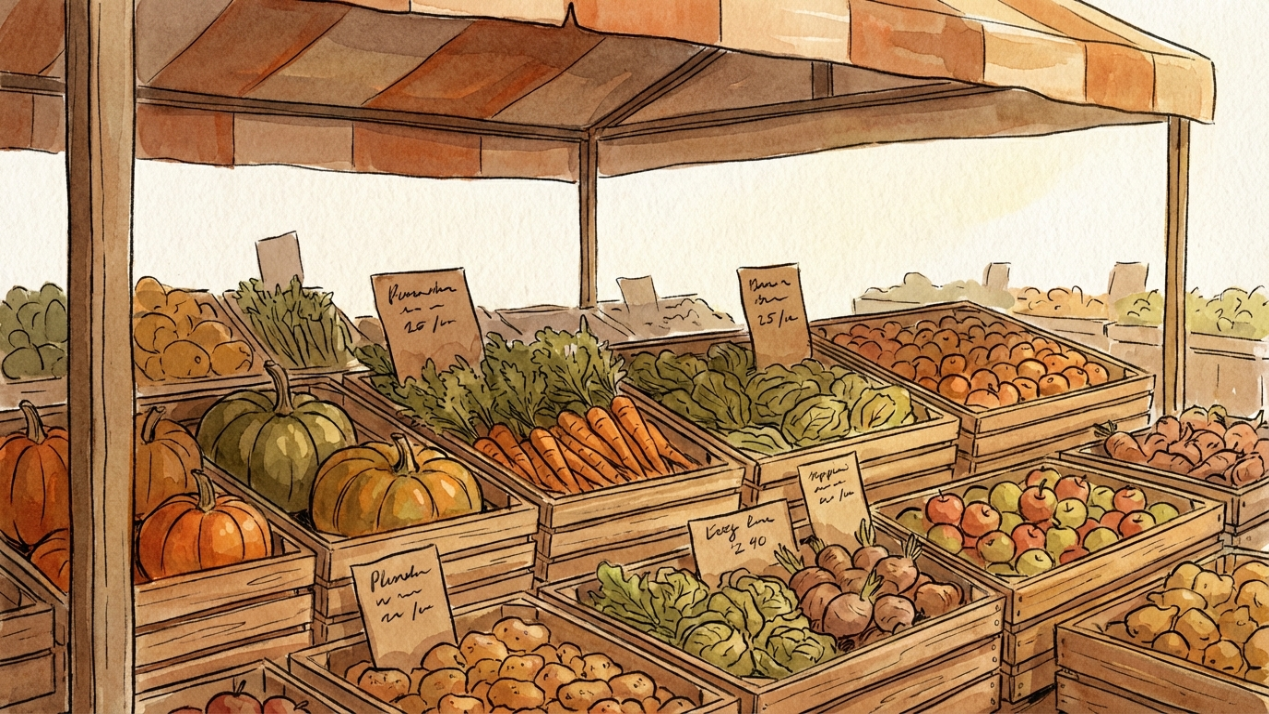 Ilustración de mercado local con productos frescos de temporada
