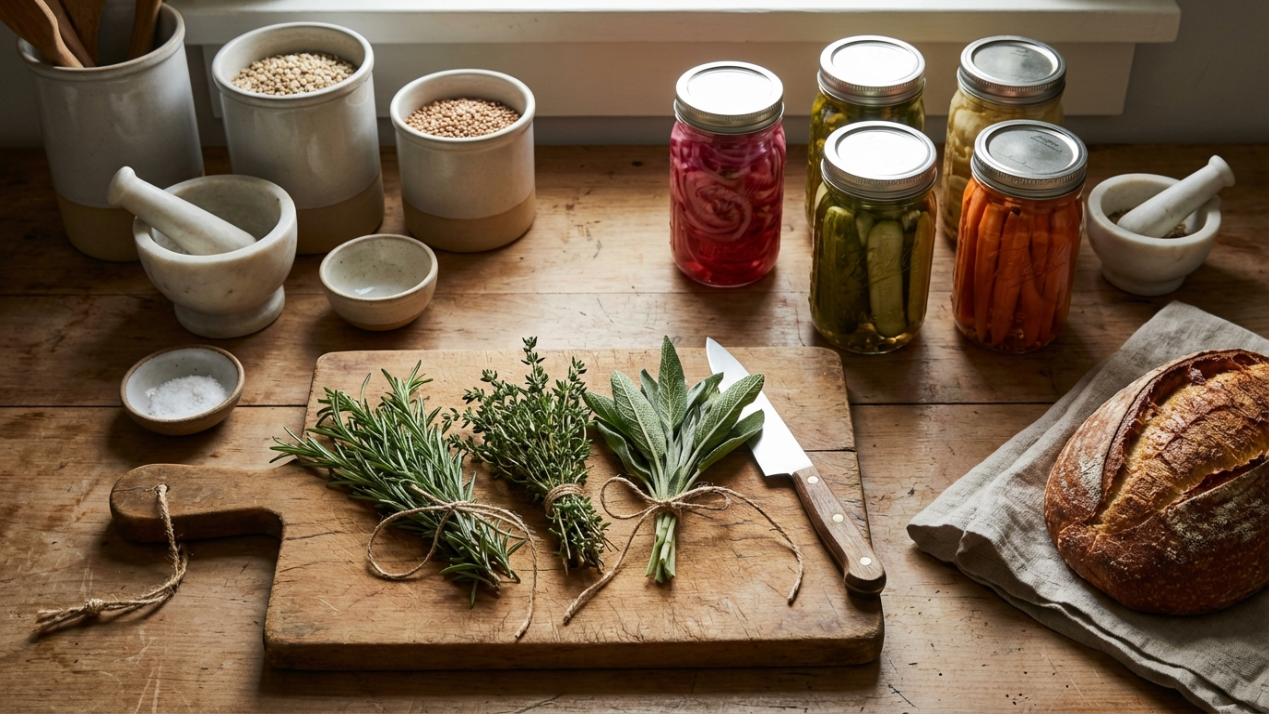Frascos de conservas y encurtidos caseros en cocina rústica