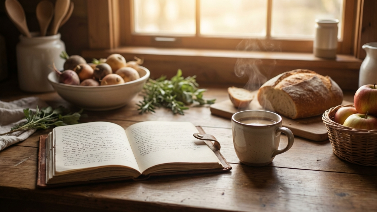 Cocina acogedora con libreta de recetas e ingredientes frescos de temporada