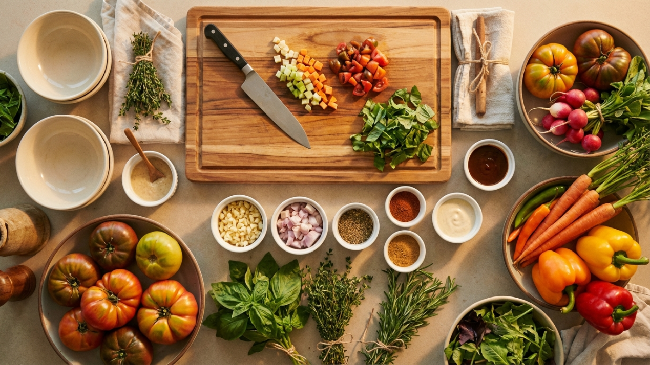 Mise en place organizado sobre tabla de cocina