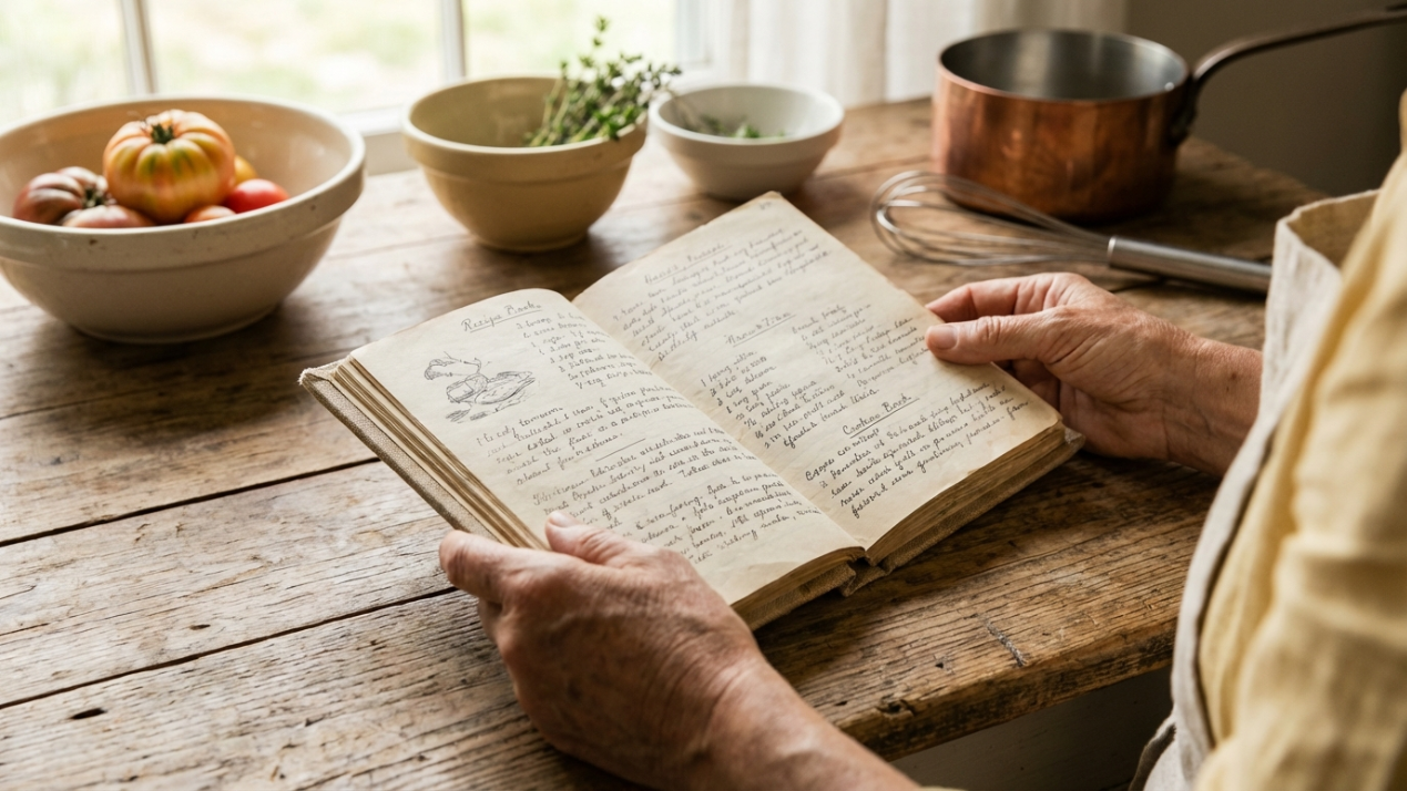 Manos sosteniendo libro de recetas en cocina cálida