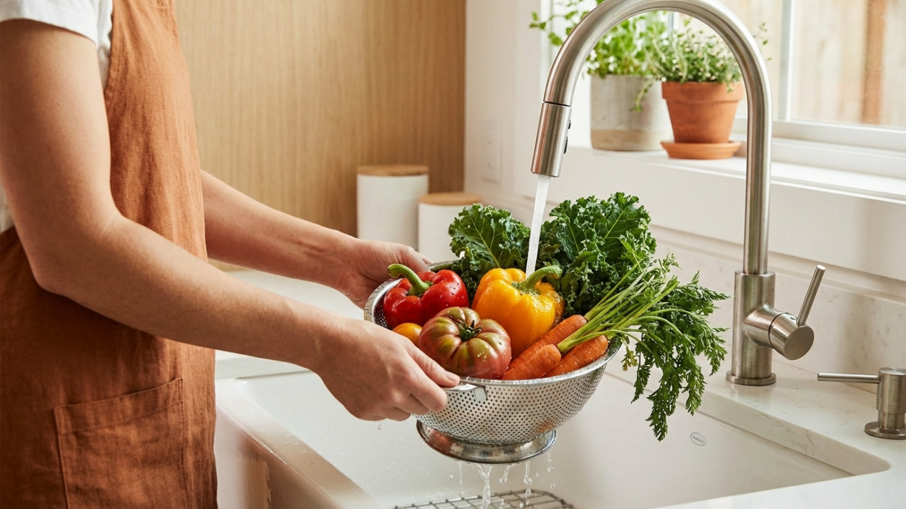Manos lavando verduras frescas bajo el agua