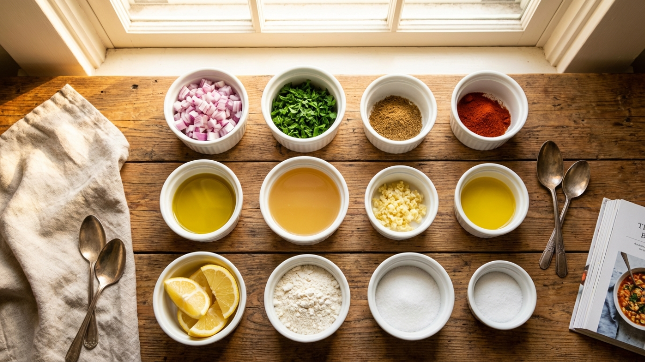 Vista aérea de platitos con ingredientes preparados y ordenados